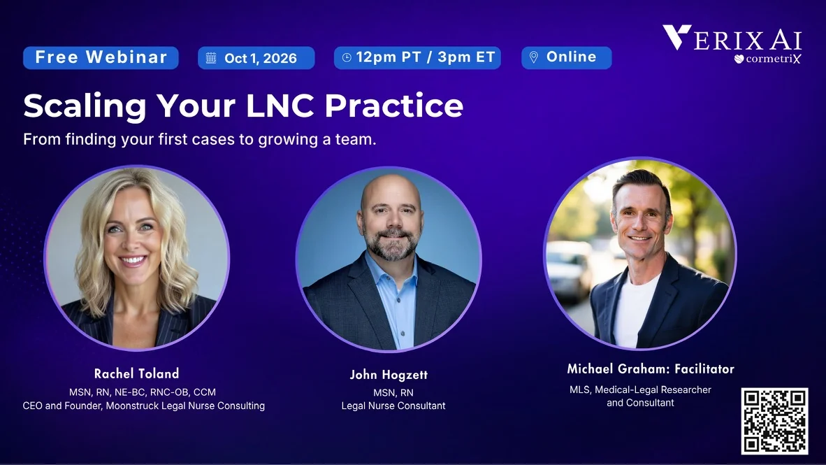 VerixAi webinar flyer: Scaling Your LNC Practice, October 1, 2026, with three practitioner panelists